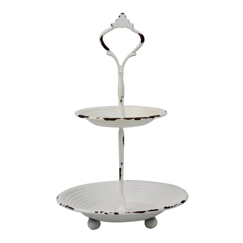Stonebriar Small 2 Tier Worn White Metal Tray, Rustic Farmhouse Decor, Tiered Jewelry Tray for Vanity or Bathroom, 9.25" - Image 1